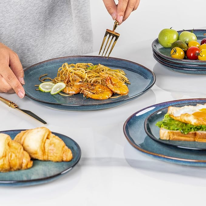 AmorArc Ceramic Dinnerware Sets,Handmade Reactive Glaze Stoneware Plates and Bowls Set,Highly Scratch Resistant | Dishwasher & Microwave Safe,Service for 4 Dishes Set - Reactive Blue(12pc)