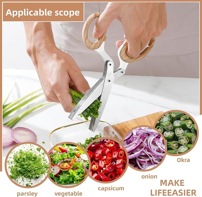 2025 New Herb Scissors Set - Wood Grain Pattern 5 Blades with Cover and Comb - Skin-Friendly Handle, Delicate Grip - Dishwasher Safe, Anti-Rust Stainless Steel for Cutting Fresh Garden Herbs