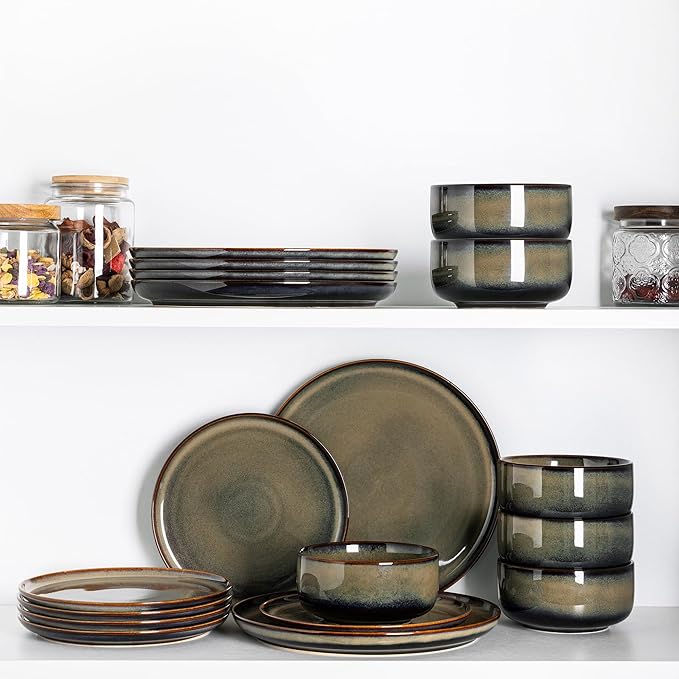 TheTerra Ceramic Dinnerware Sets for 4, 12 Pieces Handmade Reactive Glaze Plates and Bowls Set, Scratch Resistant Dish Set, Oven & Microwave & Dishwasher Safe