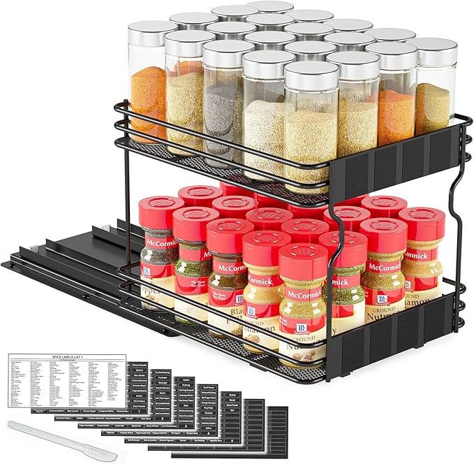 SpaceAid Pull Out Spice Rack Organizer for Cabinet, Heavy Duty Slide Out Seasoning Kitchen Organizer, Cabinet Organizer, with Labels, 8.5" W x10.75 D x8.5 H, 1 Drawer 2-Tier