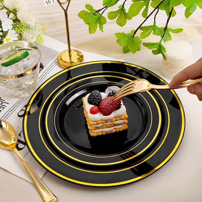 bUCLA 600PCS Black and Gold Disposable Dinnerware Set - Black Plastic Plates Disposable for Party Include 100 Dinner&100 Dessert Plates,100 Knives,100 Forks,100 Spoons,100 Cups for Party & New Year