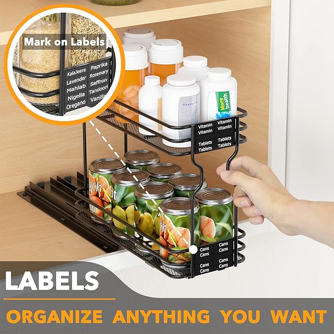 SpaceAid Pull Out Spice Rack Organizer for Cabinet, Heavy Duty Slide Out Seasoning Kitchen Organizer, Cabinet Organizer, with Labels, 4.5" W x10.75 D x8.5 H, 1 Drawer 2-Tier