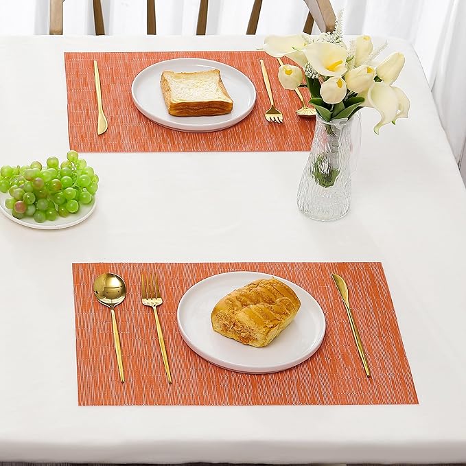 Leetaltree Orange Placemats Set of 6 - Heat Resistant Non-Slip Place mats for Dining Table, Washable Durable PVC Vinyl Woven Table Mats（Orange, 6）