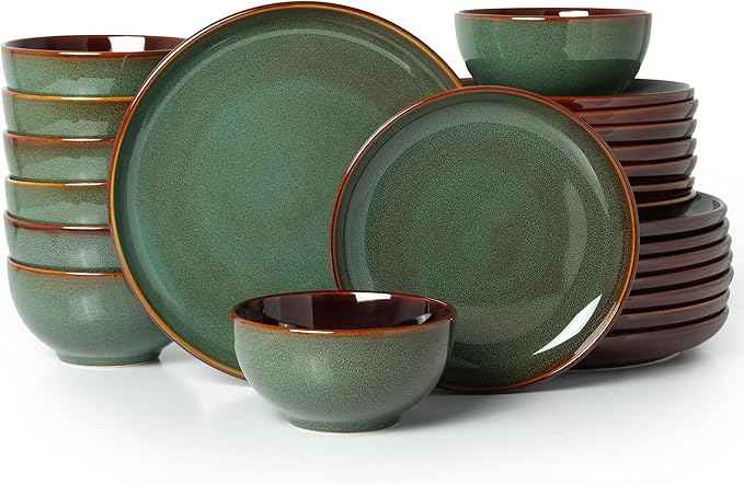Plates and Bowls Sets for 8, 24 Piece Dinnerware Set for Large Families & Entertaining, Elegant Design, Dishwasher & Microwave Safe, Chip Resistant and Durable, Sage Green
