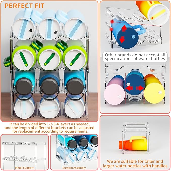Yieach Larger Compartments Stackable Water Bottle Organizer for 40 oz Stanley Cup Holder,Yeti and Other Tumbler Organizer,3 Tier Wine Rack and Waterbottle Storage Rack for Kitchen Cabinets,Countertop