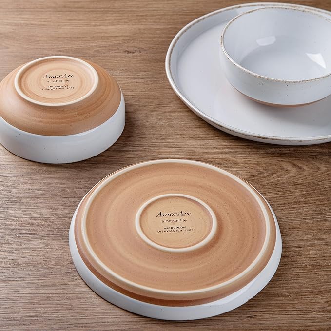 AmorArc Ceramic Dinnerware Sets with Pasta Bowls for 4, Handpainted Plates and Bowls Set with Rustic Terracotta Underside, Scratch Resistant Dishes Set, Dishwasher & Microwave Safe, 16 Pcs-White