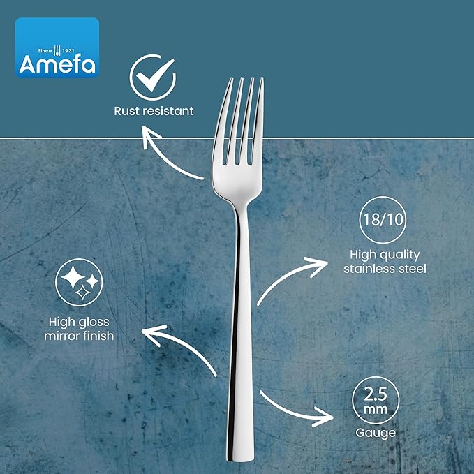 Amefa 45-Piece Silverware Flatware Cutlery Set Service for 8, Durable 18/10 Stainless Steel High Gloss Mirror Finish, tableware in Ergonomic Design Size and Weight, Dishwasher Safe (Moderno)