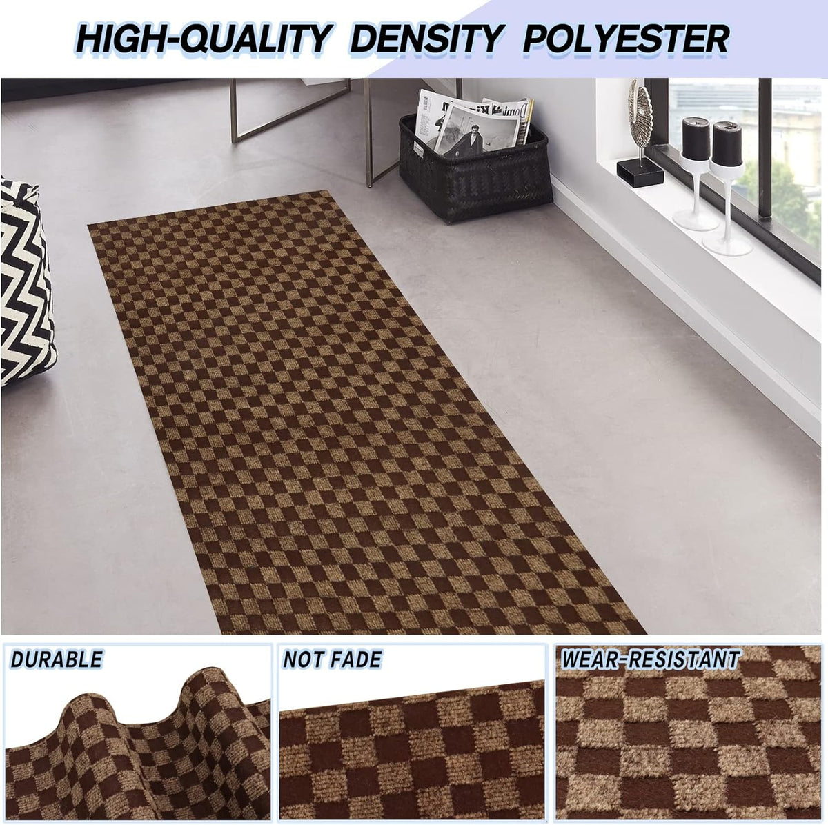 Custom Size Backed Non-Slip Area Rugs Runner, Easy Clean, Waterproof Runner Rugs for Hallway Entryway, Kitchen, Laundry, 3FT x 27FT, Brown Checkered