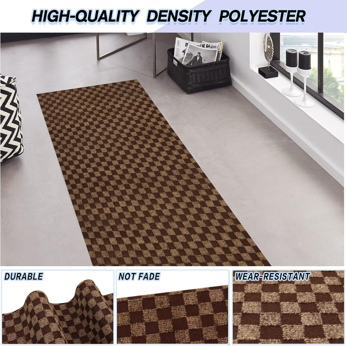 Custom Size Backed Non-Slip Area Rugs Runner, Easy Clean, Waterproof Runner Rugs for Hallway Entryway, Kitchen, Laundry, 2FT x 8FT, Brown Checkered