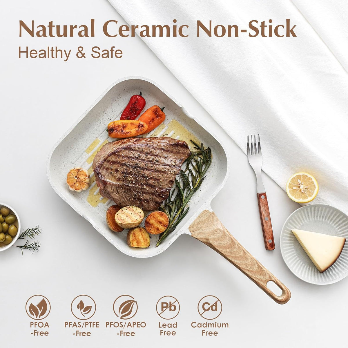 SENSARTE Nonstick Ceramic Grill Pan for Stove Tops, Versatile Square Grilling Pan with Pour Spouts, Durable Grill Skillet for All Stoves(Gas,Electric,Induction) Non Toxic-PTFE,PFAS,PFOA Free, 9.5Inch