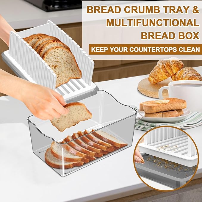 Kiss Core Upgrade Bread Slicer for Homemade Bread with Bread Box, Bread Slicing Guide Adjustable Width, Foldable and Compact Cutting Guide with Crumb Tray, Suitability for Homemade Bread, Bagels,Cakes