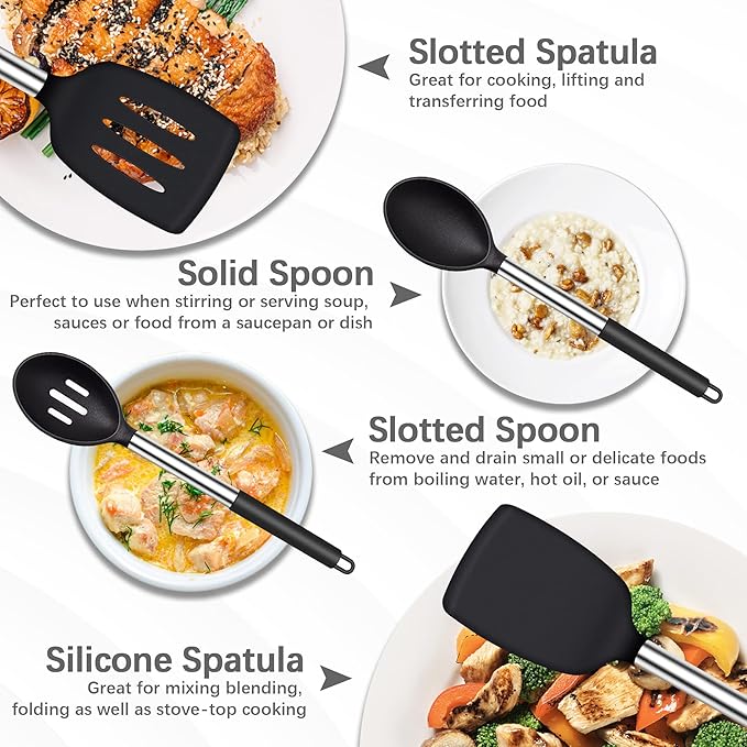 Silicone Spatula Spoon Set, 4 PCS Silicone Cooking Utensils Spatula Spoon Set with Stainless Steel Handle, BPA Free Kitchen Turners for Frying, Mixing, Serving, Draining, Turning, Stirring, Black
