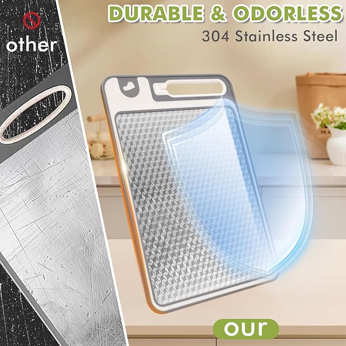 XIAPIA 2-in-1 Cutting Board Set (2 Pack), Stainless Steel & Plastic Cutting Boards for Kitchen, Metal Chopping Board Non Toxic & BPA Free, Built-in Knife Sharpener|Ginger Grater|Measurement Marks