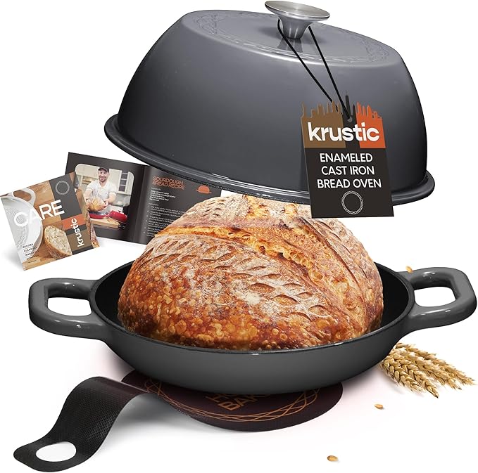 Enameled Cast Iron Dutch Oven for Sourdough Bread Baking | 6 Quart Pot with Lid | 10 Inch Ceramic Enamel Thick Coated Cookware Set with Non Stick Silicone Baking Mat for Cooking (Grey)