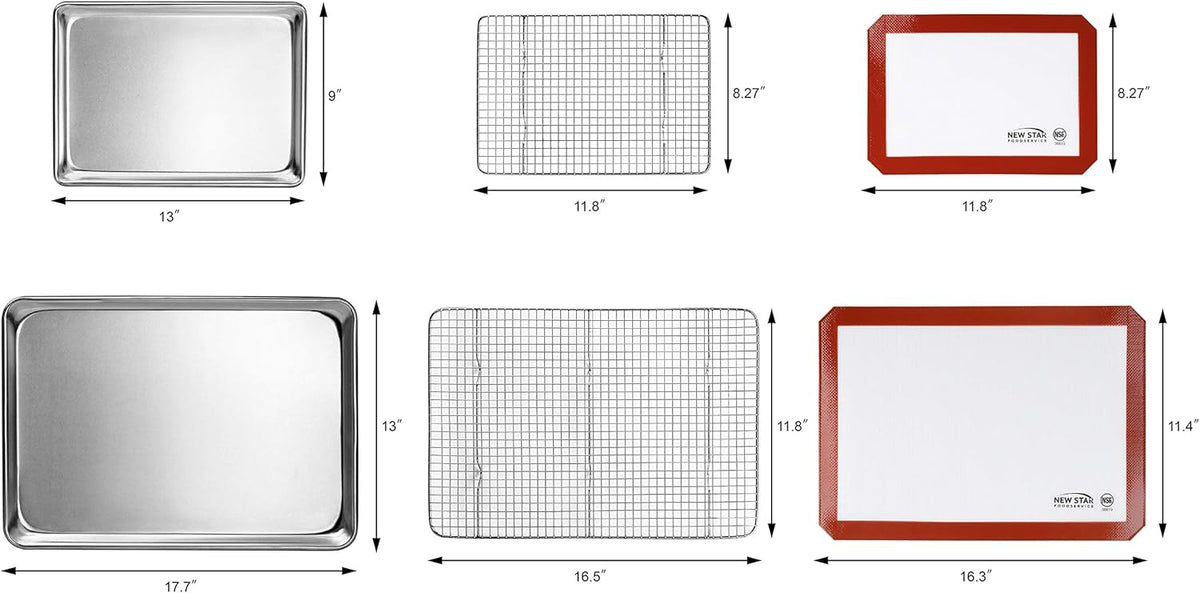 New Star Foodservice 1028751 Commercial-Grade Bun Pan/Baking Sheet, Baking Mat, Cooling Rack Combo, 1/4 and 1/2 Sizes Each