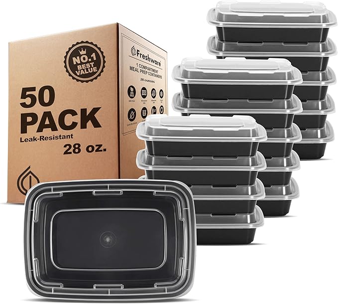 Freshware Meal Prep Containers 1 Compartment Food Storage Containers with Lids, Bento Box, BPA Free, Stackable, Microwave/Dishwasher/Freezer Safe (28 oz), 50 Count (Pack of 6)