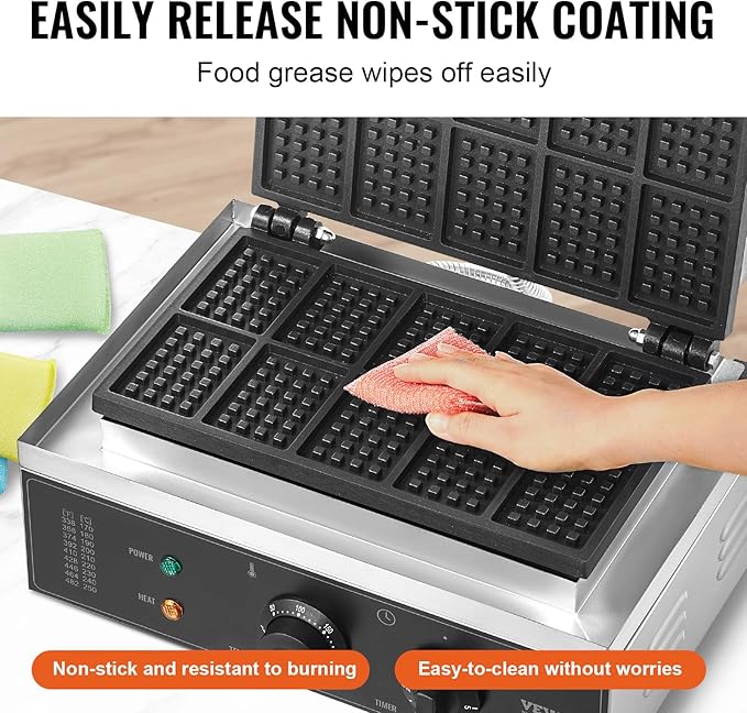 VEVOR Commercial Waffle Maker, 10PCS Rectangle Waffle Baker Machine, 1550W Non-Stick Stainless Steel Belgian Waffle Iron with Temp and Time Control, Handle, for Restaurant Bakery Snack Bar Family