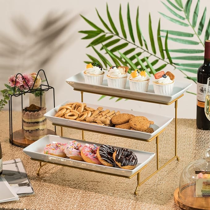 Gomakren 3 Tier Serving Stand with Porcelain Serving Platter Tray - Collapsible Gold Stand with 3 Piece Large14 Inch White Plates for Food Presentation Dessert Server Display and Entertaining