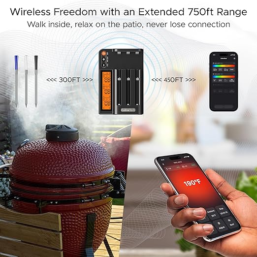 CulinaMeter Three: 3 Probes Wireless Meat Thermometer with LCD Screen, 750FT Digital Cooking Food Thermometer for Beef Lamb Turkey, Dual Sensor Measures Internal & Ambient Temp