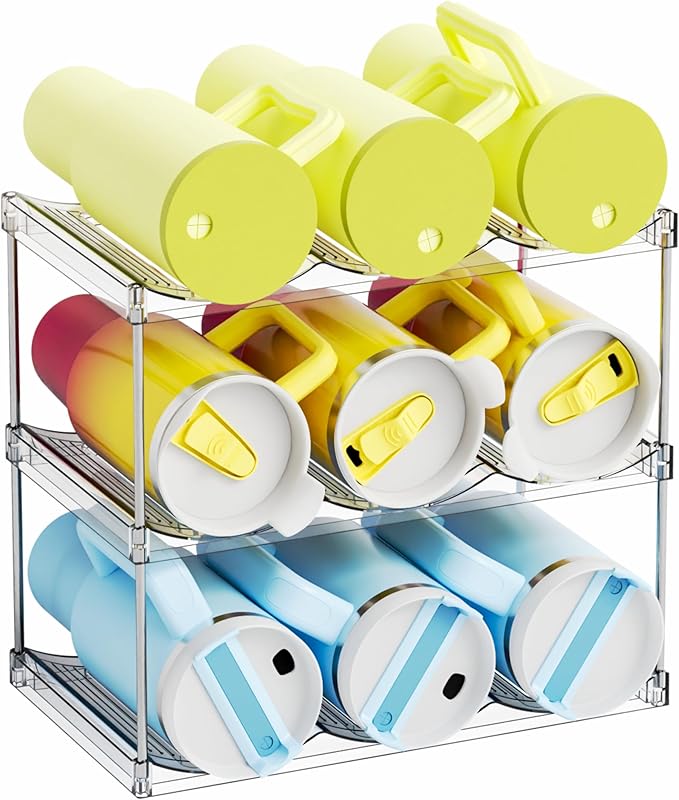 Yieach Larger Compartments Stackable Water Bottle Organizer for 40 oz Stanley Cup Holder,Yeti and Other Tumbler Organizer,3 Tier Wine Rack and Waterbottle Storage Rack for Kitchen Cabinets,Countertop