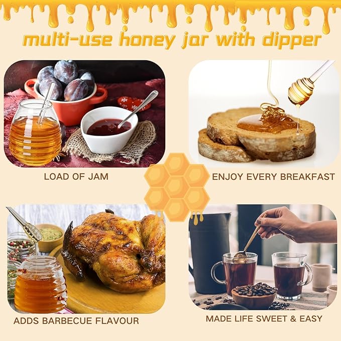 glass honey jar with dipper,beehive shaped honey pot,honey container with dipper large,17 oz