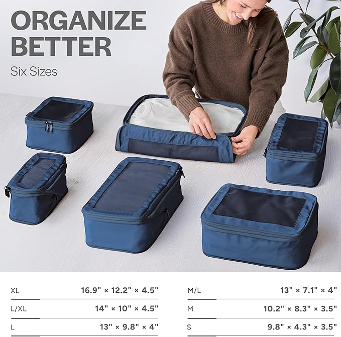 Aerotrunk Compression Packing Cubes for Travel - Luggage Organizer Bags - Double Zipper Packing Cubes for Suitcases (6-Pack, Dark Blue)