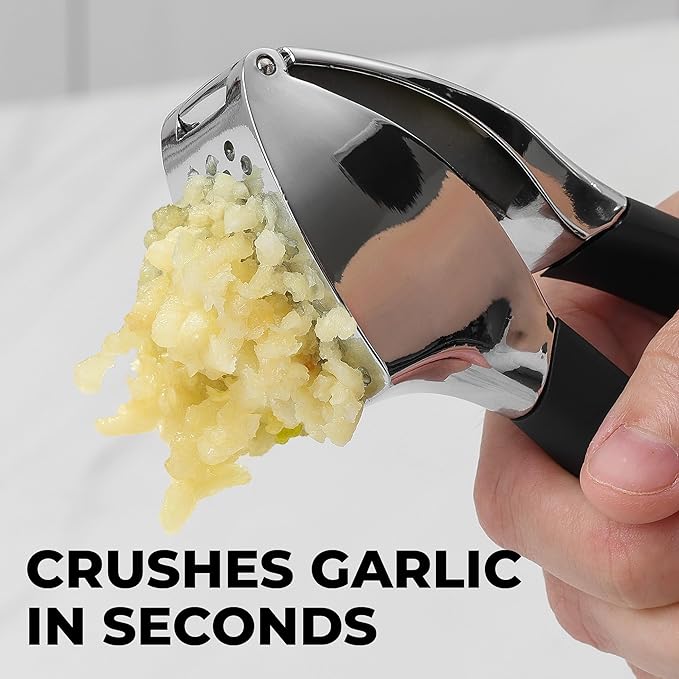 Zulay Kitchen Comfort Grip Garlic Press - Garlic Mincer Tool - Garlic Crusher - Garlic Press Mincer Rust Proof, with Soft Ergonomic Handle, Easy Clean Set with Peeler and Brush