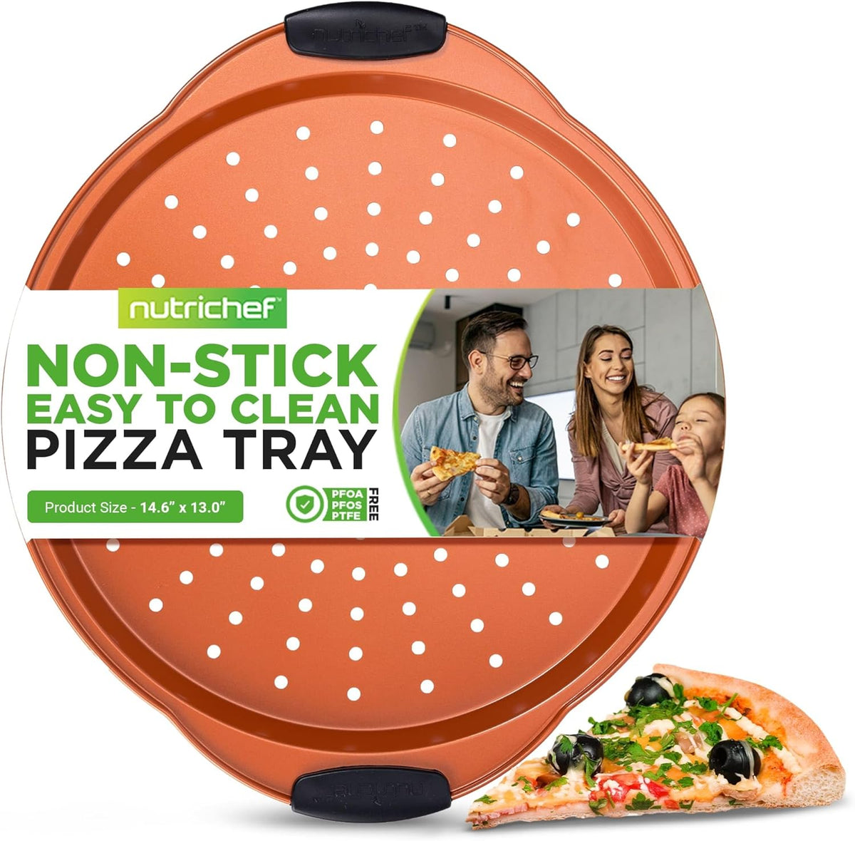 NutriChef 13-Inch Nonstick Pizza Tray - Round Carbon Steel Non-Stick Pizza Baking Pan with Perforated Holes, Premium Bakeware Pizza Screen with Silicone Grip Handles, Dishwasher Safe - Copper