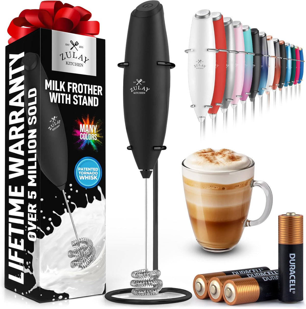Zulay Kitchen Patented Tornado Triple Whisk Milk Frother with 4 Duracell Batteries – Handheld Foam Maker for Coffee, Lattes, Matcha & Hot Chocolate – Rich, Creamy Froth in Seconds