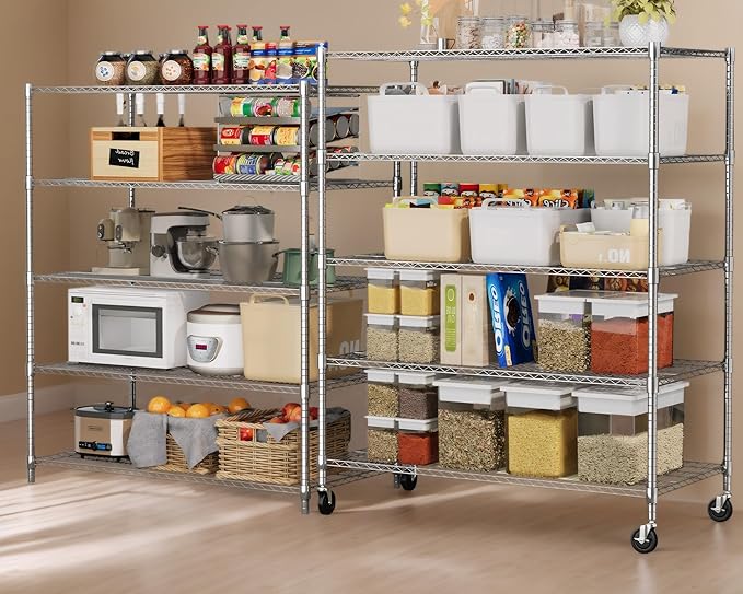 Himimi 5 Tier Wire Shelving with Wheels Heavy Duty Height Adjustable Metal Shelves for Storage, Commercial Grade Steel Utility Wire Rack for Kitchen Garage Pantry Organization-24×48×82, Silver