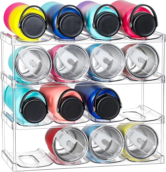 LARGER Compartment - 4 Tier Stackable Water Bottle Organizer Holder - for Stanley 40oz & Others' Large Tumbler - Clear Wine Rack, 16 Cup Bottle Holder for Cabinet Home Countertop Fridge Pantry Shelf