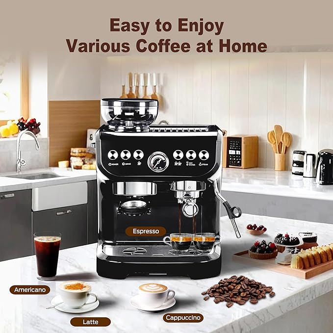MIROX Espresso Machine 15 Bar, Coffee Maker With Milk Frother Steam Wand, Built-In Bean Grinder, Combo Cappuccino Machine with 70oz Removable Water Tank (ABS high-strength plastic shell)