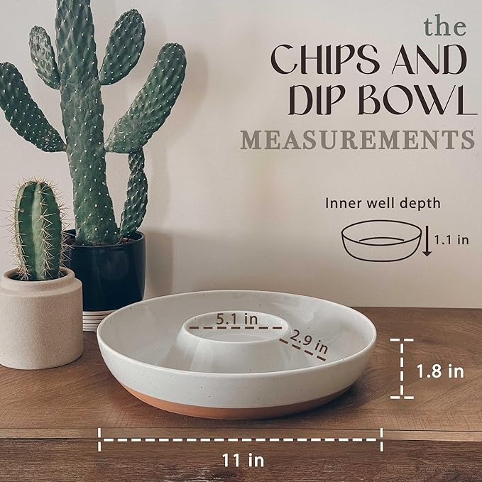 Mora Ceramic Chips and Dip Serving Tray: Large Divided Party Bowl Set for Chips & Salsa, Veggies & Dip, Fruit, Snacks, Entertaining, Hosting, etc. Minimalist Design for the Modern Hostess - Earl Grey