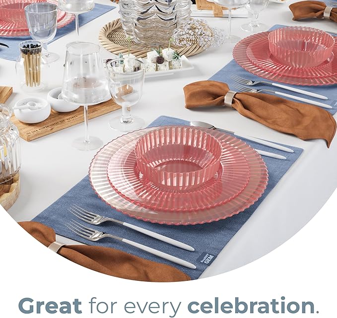 Exquisite 40 Piece Plastic Disposable Plates Set For 20 Guests I 20 X 9 Inch & 20 X 11 Inch Disposable Plastic Plates | Color: Pink | Great for Weddings Parties And Formal Occasions