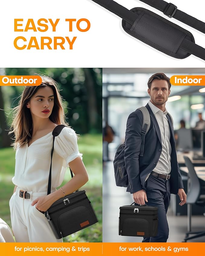 HOTOR Insulated Lunch Box for Men & Women - Leak-Proof Cooler Lunch Bag with 4 Pockets, Adjustable Strap, Ideal for Work, Picnic, Travel - Medium, Black, 10.2"×6.9"×8.5"