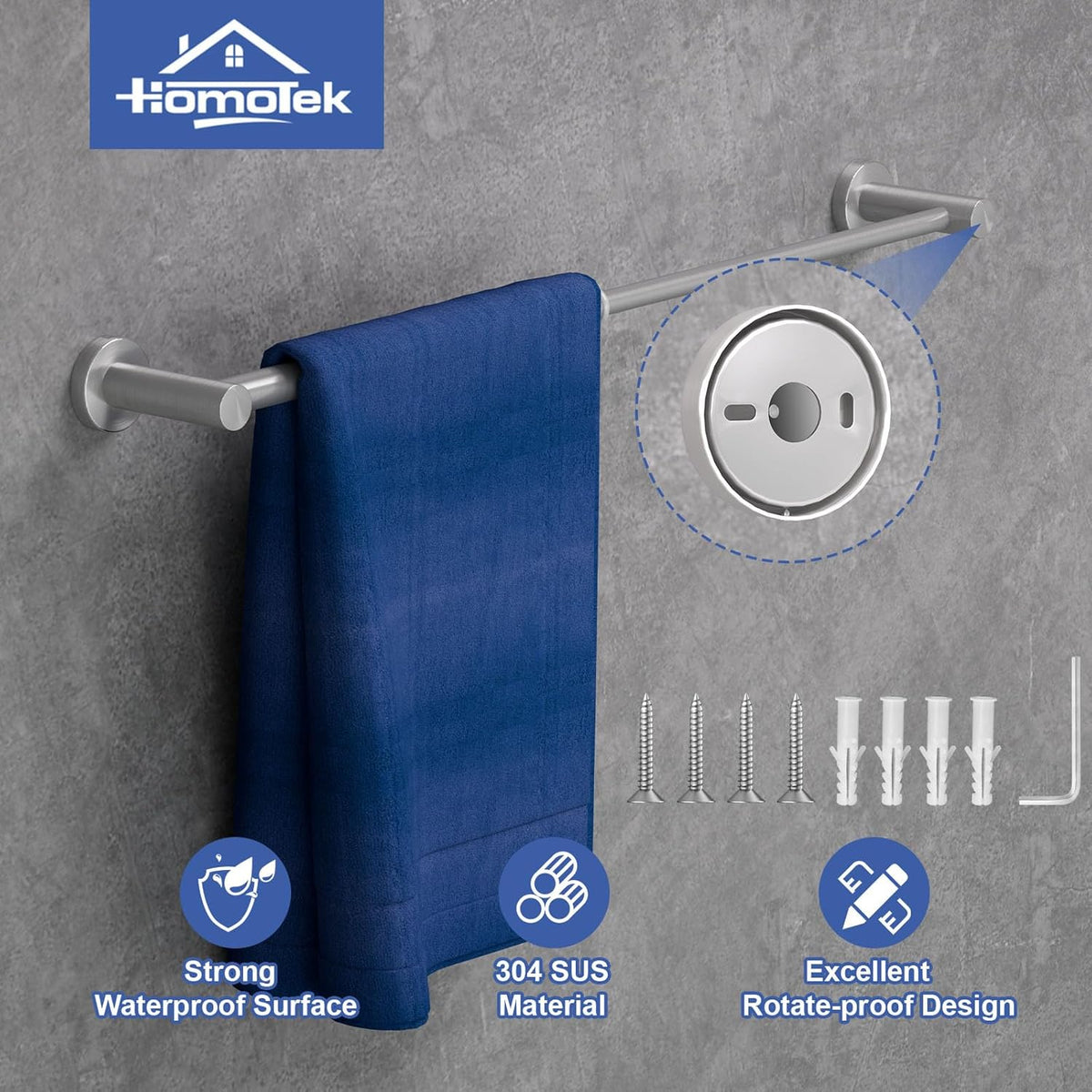2 Pack Adjustable Towel Bar, HOMOTEK Economic Bathroom Towel Holder Rod from 12 Inch to 22 Inch Single Towel Racks, Wall Mount Towel Rail, Towel Hanger Hook for Kitchen(Brushed Stainless Steel)