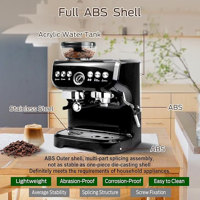 MIROX Espresso Machine 15 Bar, Coffee Maker With Milk Frother Steam Wand, Built-In Bean Grinder, Combo Cappuccino Machine with 70oz Removable Water Tank (ABS high-strength plastic shell)