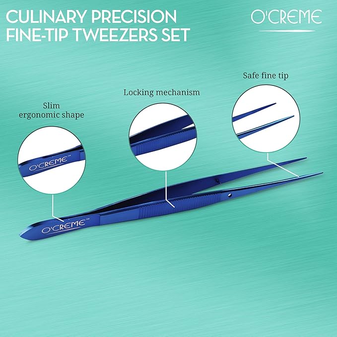 O'Creme Stainless Steel Precision Kitchen Tweezer Tongs 6.25" with Fine Tip (Blue)