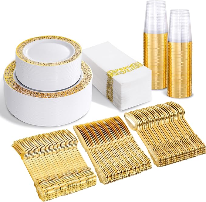 bUCLA 350PCS Gold Plastic Plates Disposable - Gold Plastic Dinnerware Set Include 50 Dinner / 50 Dessert Plates, 50 Forks, 50 Knives, 50 Spoons, 50 Cups, 50 Napkins for Party & Thanksgiving