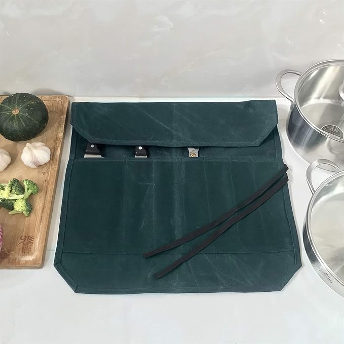 Denifiter Heavy Duty Waxed Canvas Chef Knife Storage Roll Bag With 7 Slots, Waterproof And Durable (Dark Green)