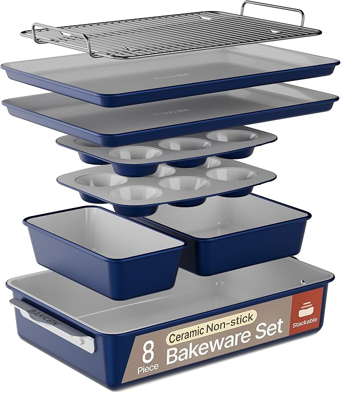 Bakken 8-Piece Stackable Bakeware Set – Ceramic Non-Stick, Oven-Safe Baking Sheets & Pans, PTFE/PFOA/PFOS-Free, Ergonomic Handles, Includes Cooling Rack – Healthy, Non-Toxic Baking Essentials