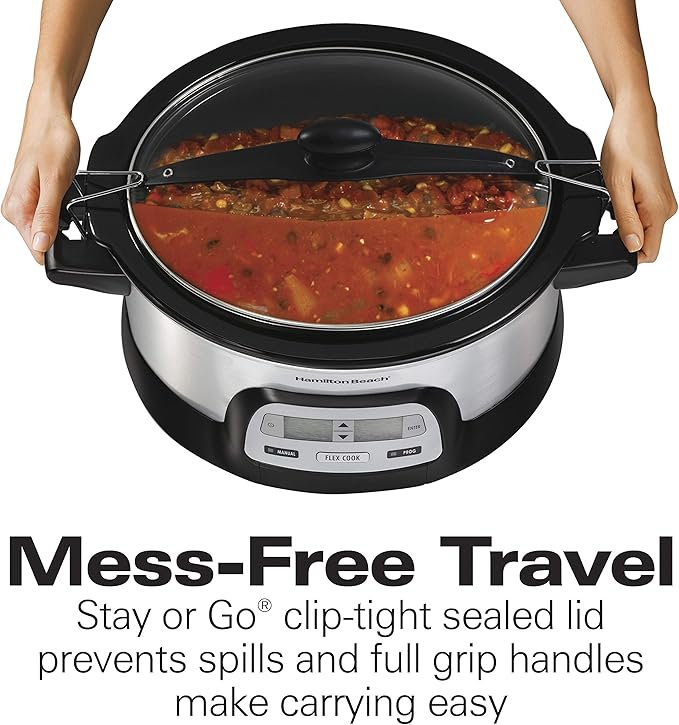 Hamilton Beach 33861 Portable Programmable Slow Cooker, Dishwasher Safe Crock, 6 Qt, FlexCook Dual Digital Timer/2 Heat Settings, Lid Lock for Easy Travel, Silver