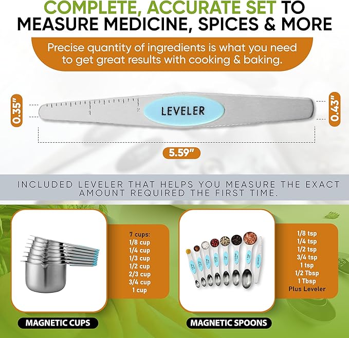 Spring Chef Magnetic Measuring Cups & Spoons Set, Patented, Strong Magnets, Heavy Duty Stainless Steel Fits in Spice Jars for Baking & Cooking, BPA Free, Round Set of 15 with Leveler, Aqua Sky