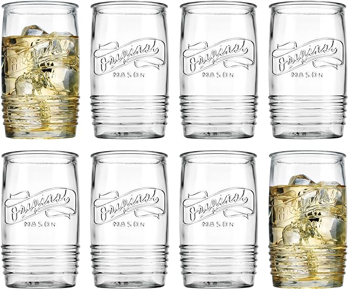 Glaver's Set of 8 Tumbler Glass Cups 20 OZ Mason Stemless Tall Drinking Glasses For Everyday Use, Modern yet Vintage Original Mason Logo Glassware for Bar, Water, Beer, Juice.