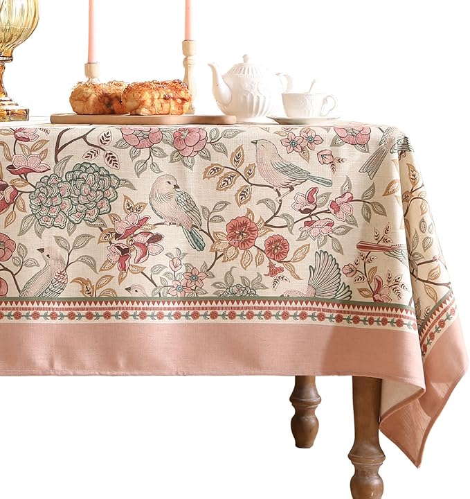 patdrea Designer Pink Linen Table Cloth for Sqaure Table,French Tablecloth with Birds Pattern,Small Colorful Decoration Cover for Kitchen Dining,Christmas,Party,Thanksgiving,67"x67"-Kulom a