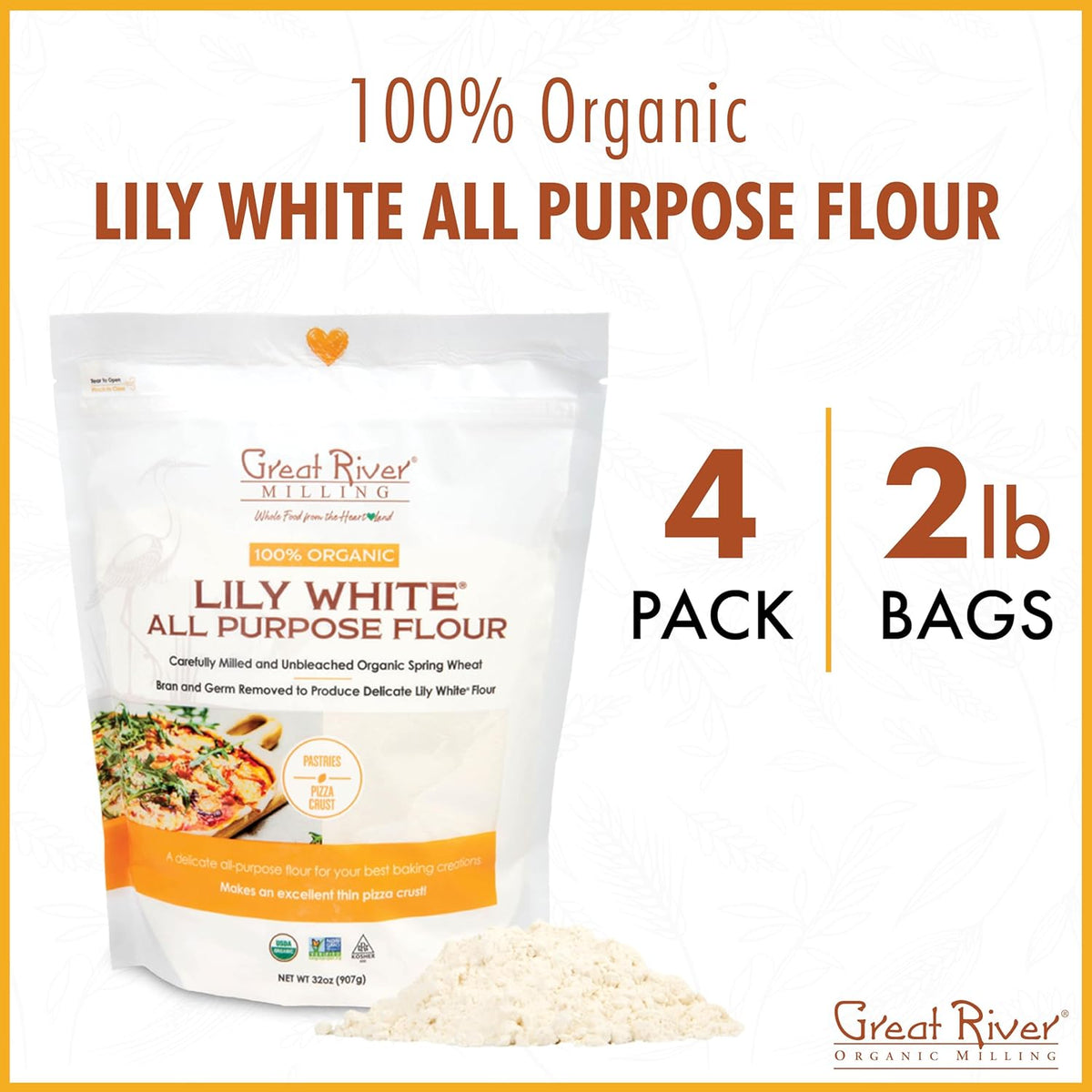 Great River Organic Milling Lily White Organic All-Purpose Flour | Unbleached & Unbromated | Non-GMO, Kosher | Ideal for Bread, Cookies, Cakes, Pizza Dough & Everyday Baking | 2 Lb (Pack of 4)