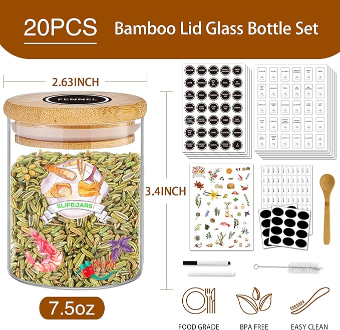 SLifeJars-Spice Jars with Label, 7.5 oz 20pcs Spice Containers Glass Jars with Bamboo Lids, Seasoning Containers Bottles,Airtight Empty Spice Jars for Spice Rack, Drawer,Cabinet,Pantry