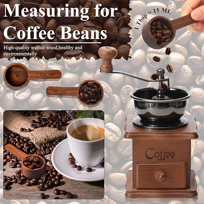 Skyley 4 Pcs Coffee Wooden Scoop for Canisters Jars 15ml 1 Tablespoon Small Coffee Scoop for Ground Caf Walnut Wood Measuring Spoons Home Kitchen Accessories for Beans, Tea, Sugar, Bath Salt