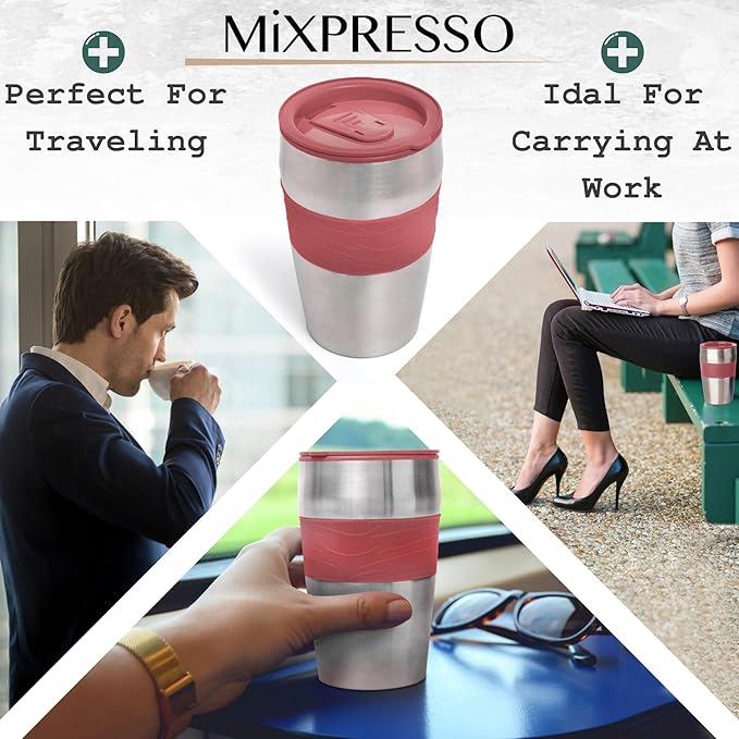 Mixpresso Red Personal Single Serve Coffee Maker with 14oz Travel Mug, Drip Small Coffee Maker with Auto Shut Off, Reusable Filter, Works with Ground Coffee Only – Not for K-Cup Pods
