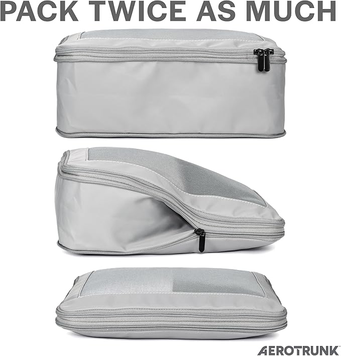 Aerotrunk Compression Packing Cubes for Travel - Luggage Organizer Bags - Double Zipper Packing Cubes for Suitcases (6-Pack, Light Grey)